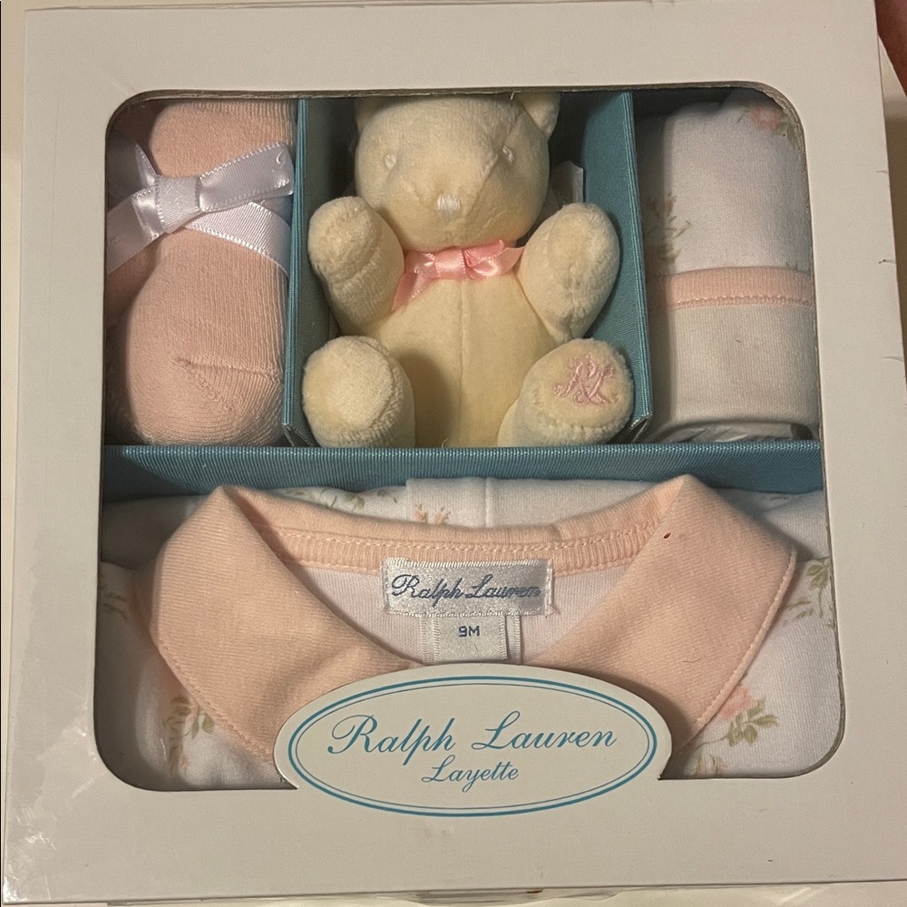 NWT Ralph Lauren Pink and Cream Baby Gift Set: coverall, socks, hat, bear